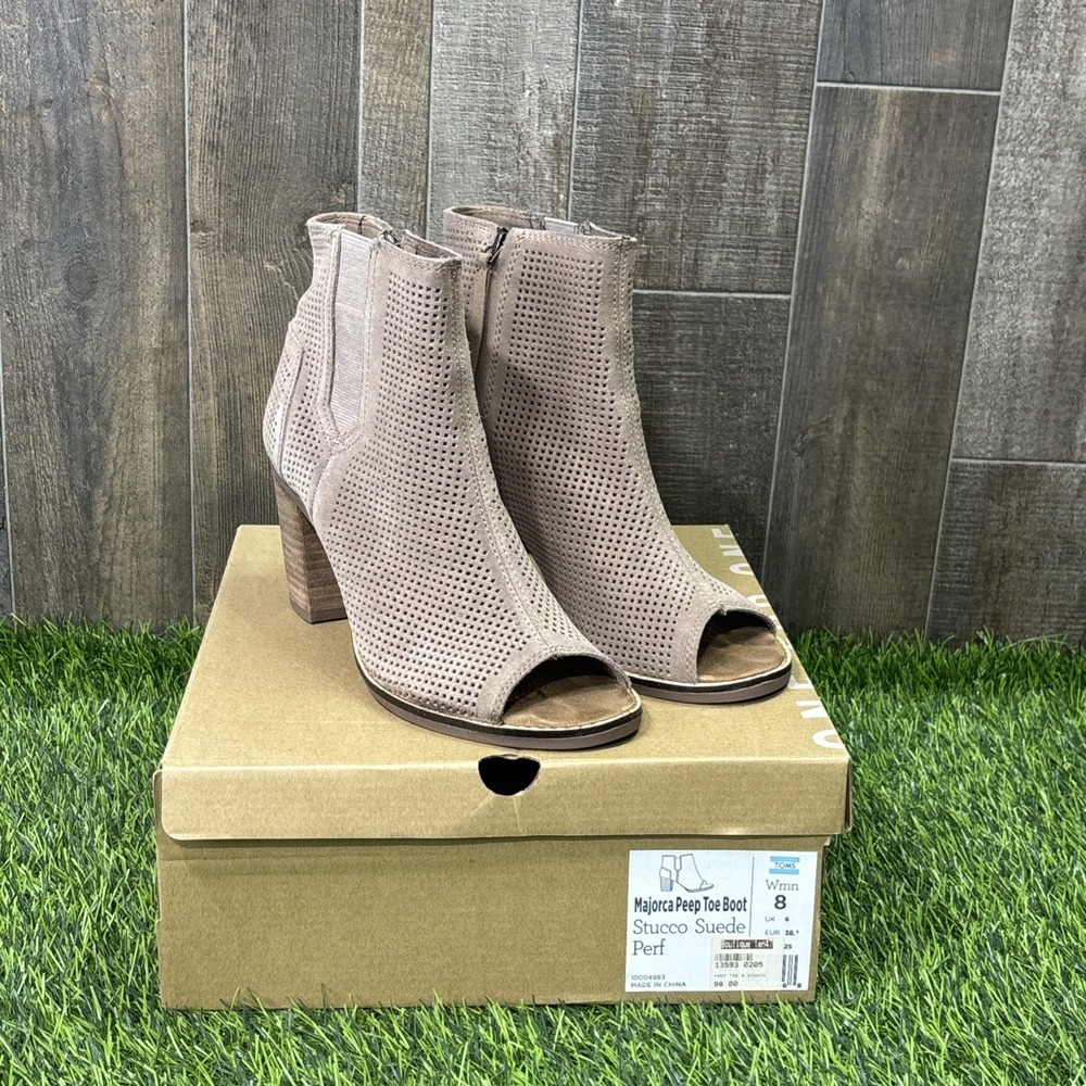 TOMS Majorca Womens 8 Stucco Suede Peep Toe Booties Perforated Block Heel